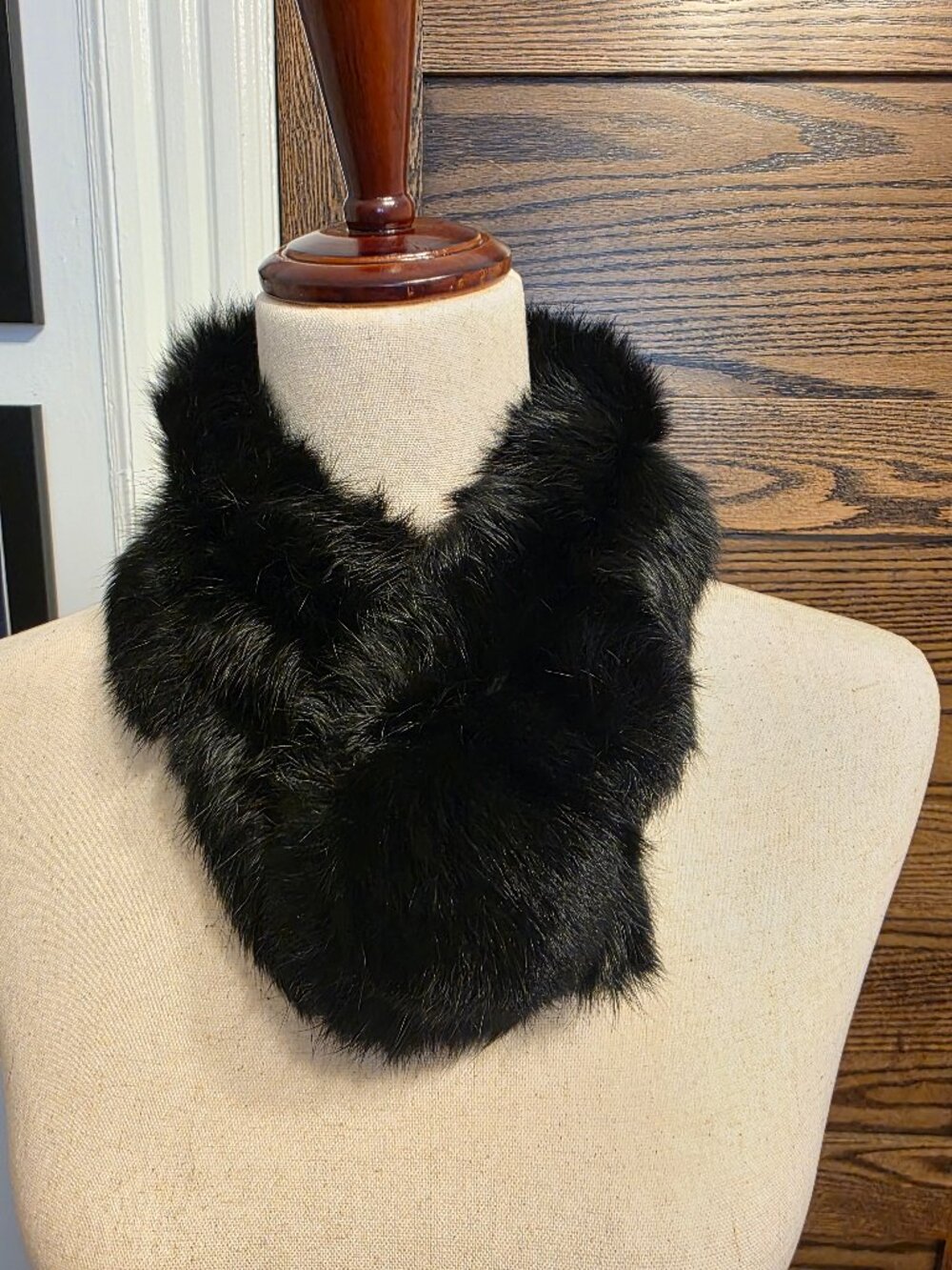 Vintage 1980s Black Rabbit Fur Collar Stole Cowl Scarf Neck Wamer